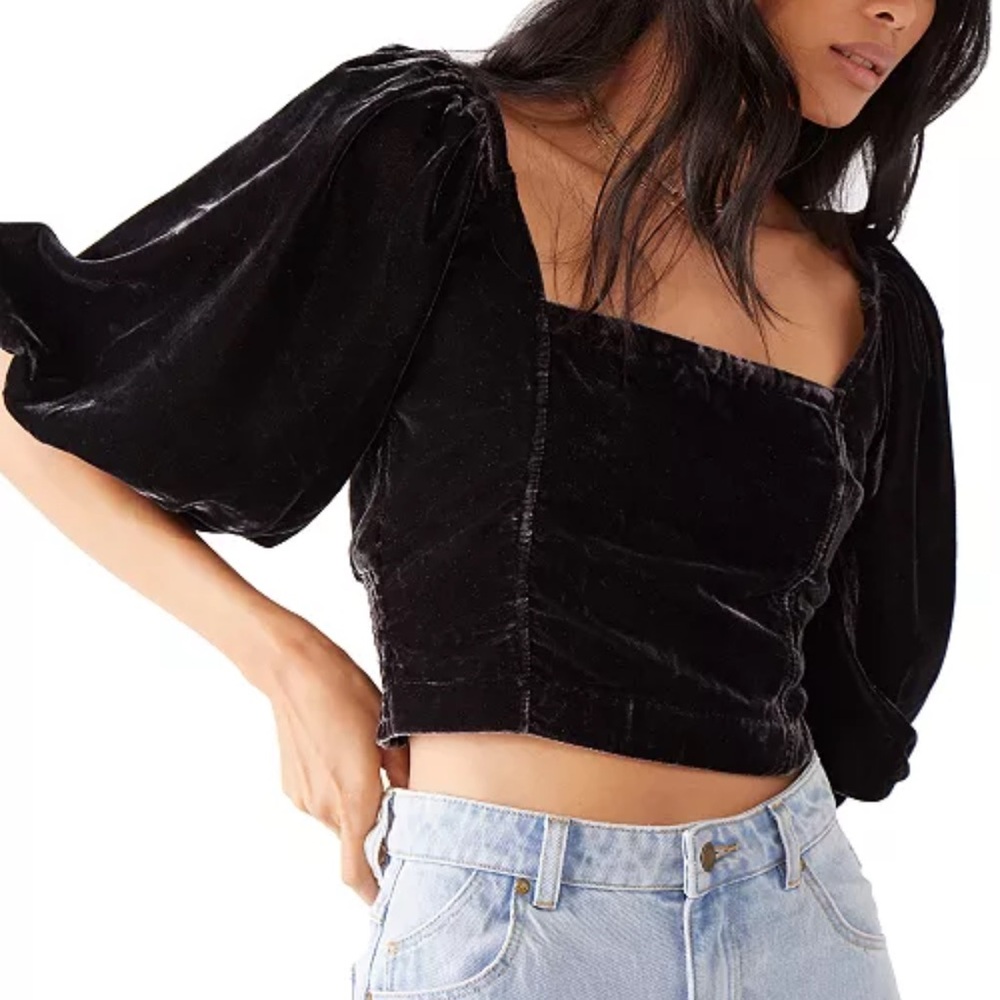 Free People Velvet Puff Sleeve Crop Top Black Open Back Boho Medium
